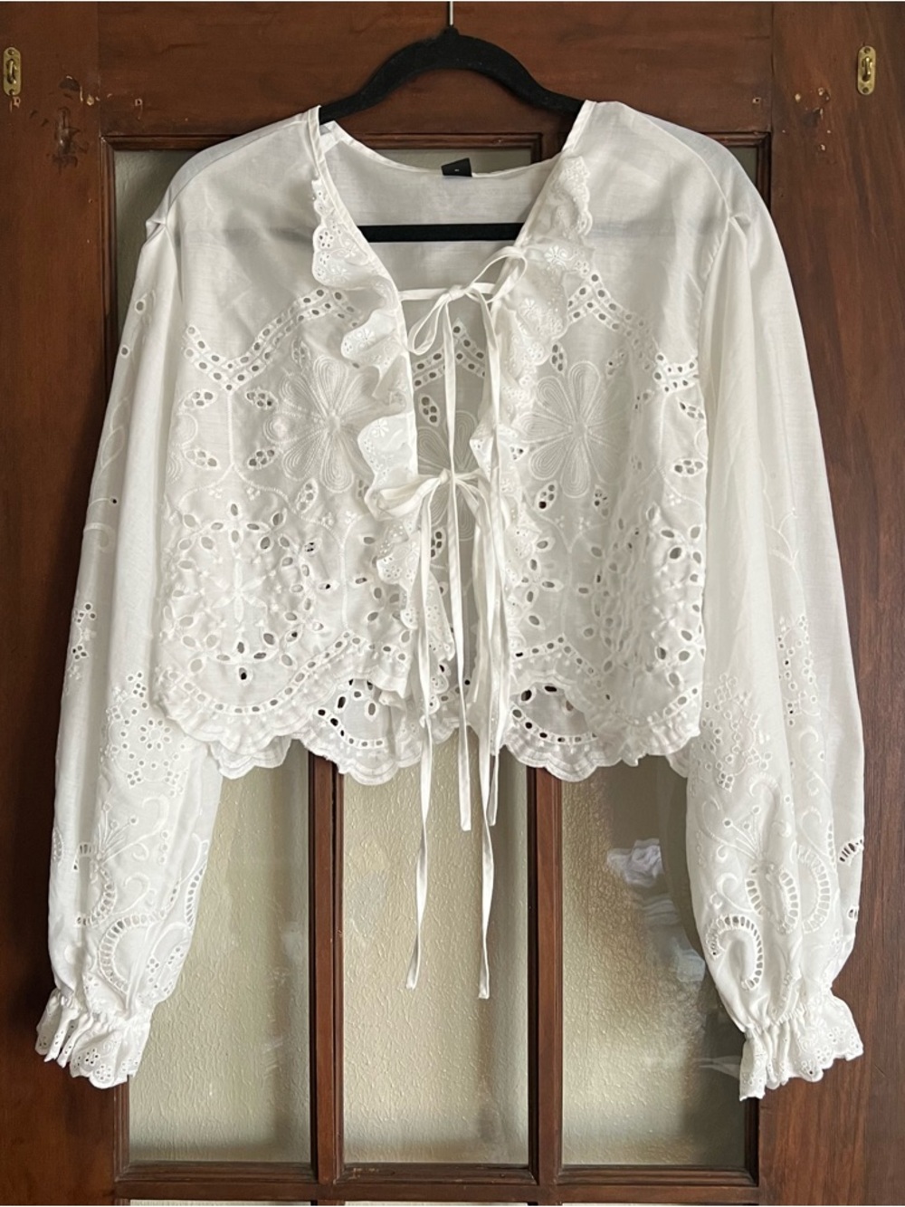 SHEIN White Eyelet Tie-Front Lace Blouse